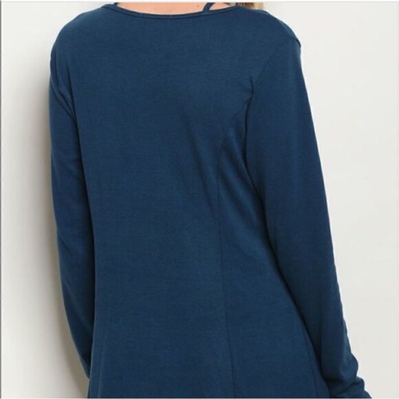 Teal Solid Cross Strap Neckline Long Sleeve Tunic Dress​​​​​​​​​​​​​​​​​ - Picture 2 of 5